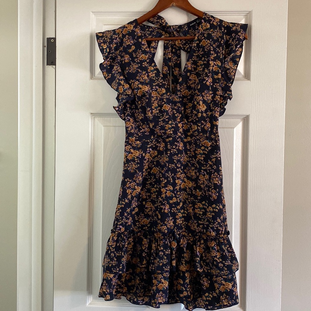 Backless Navy Floral SHEIN Ruffle Bottom Dress - Size Small